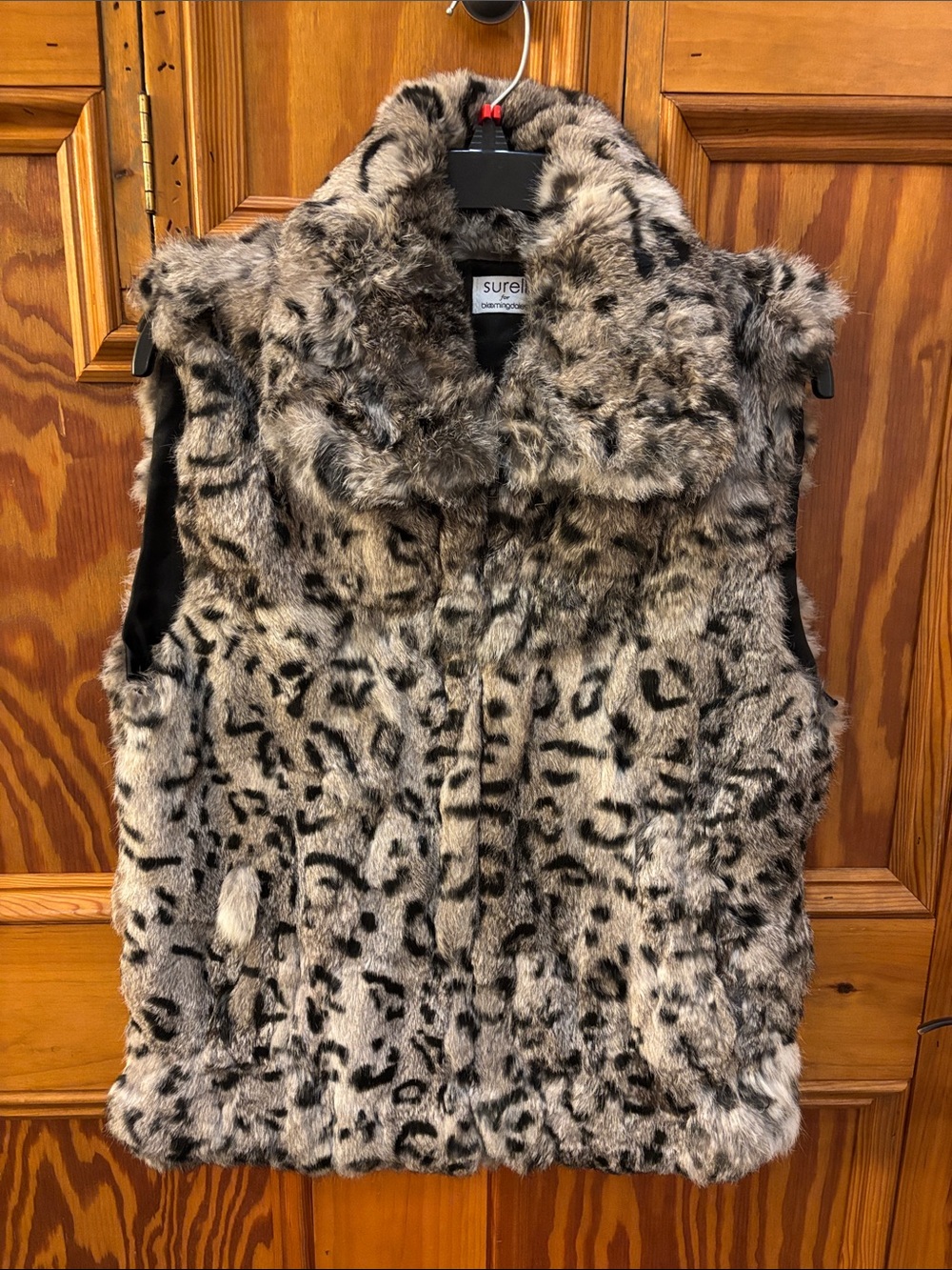 Surell Leopard-Print Real Rabbit Fur Vest in Grey and Black